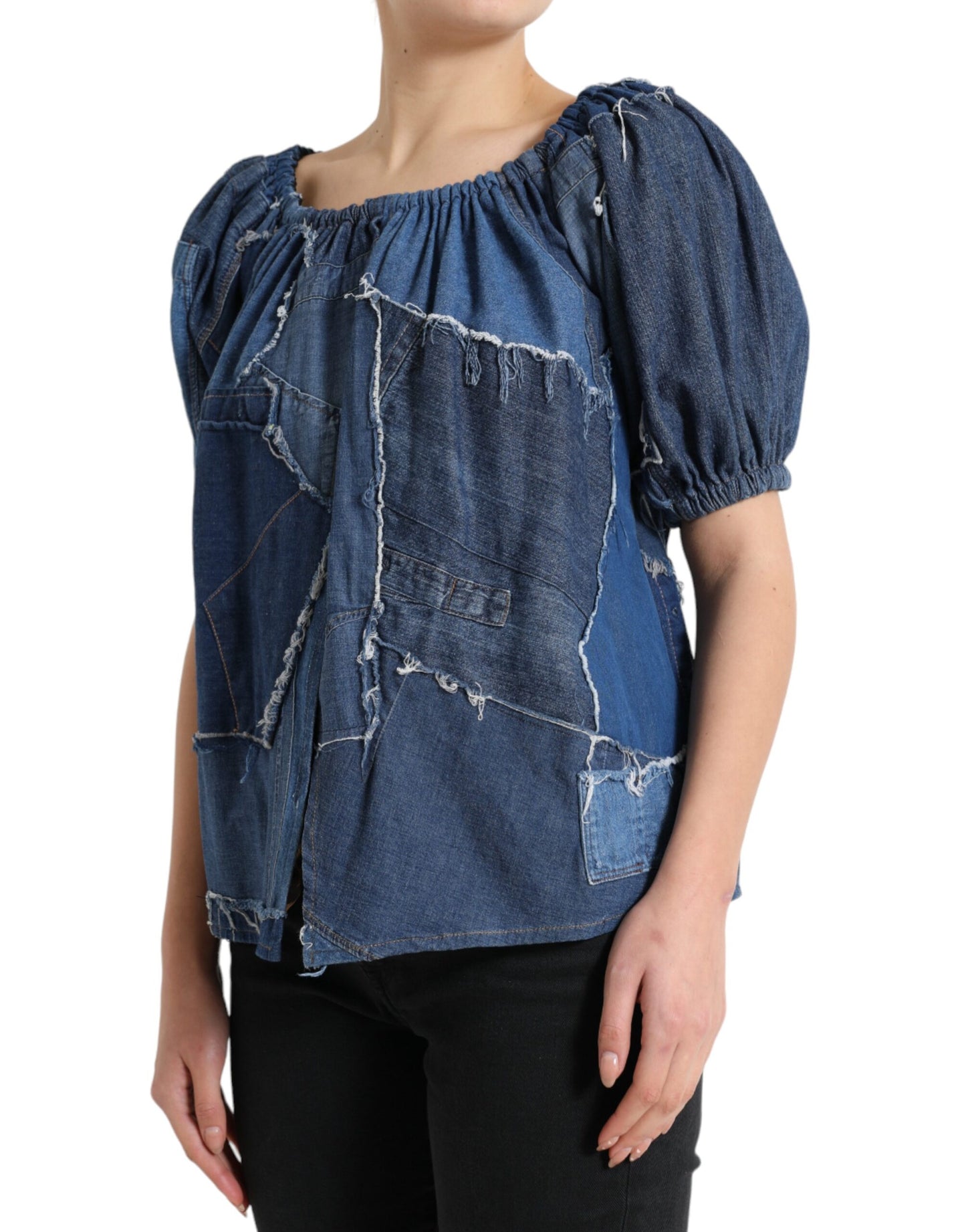 Top in camicetta di jeans a maniche corte patchwork blu