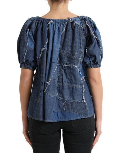 Top in camicetta di jeans a maniche corte patchwork blu