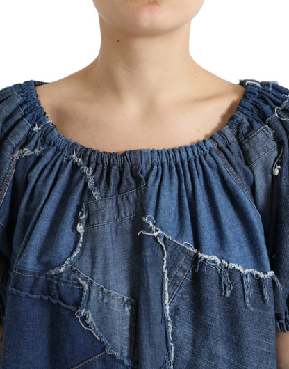 Top in camicetta di jeans a maniche corte patchwork blu