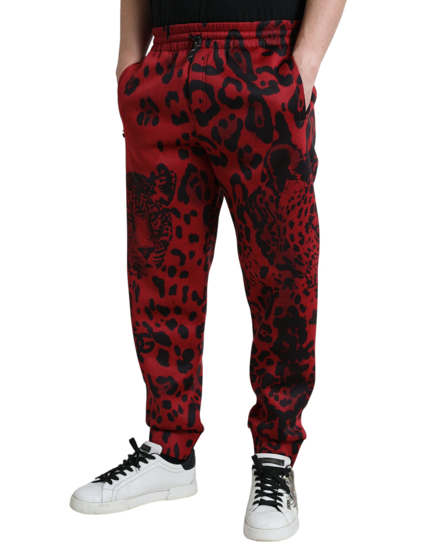 Pantaloni jogger elasticizzati leopardati rossi neri