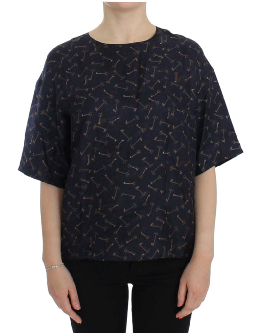 Blusa in seta con stampa chiavi blu oro