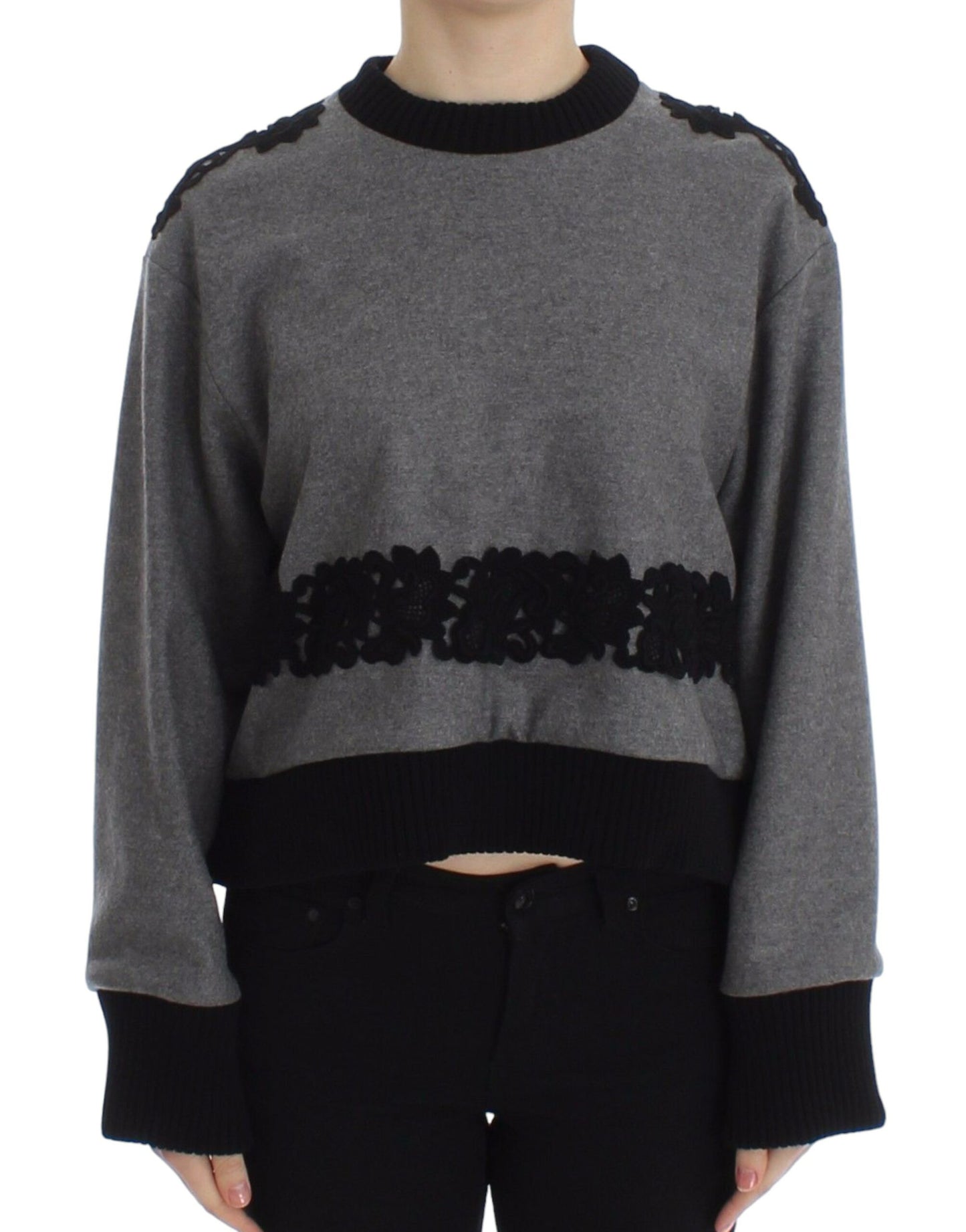 Pull Cachemire Laine Dentelle Gris Noir