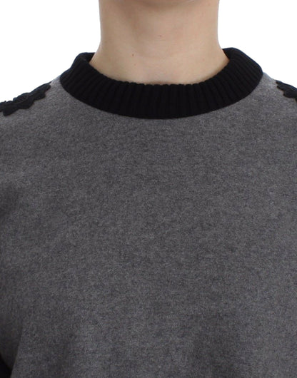 Pull Cachemire Laine Dentelle Gris Noir