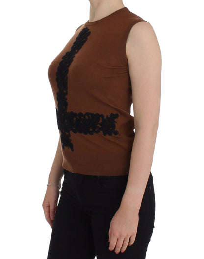 Top in maglione con gilet in pizzo nero di lana marrone