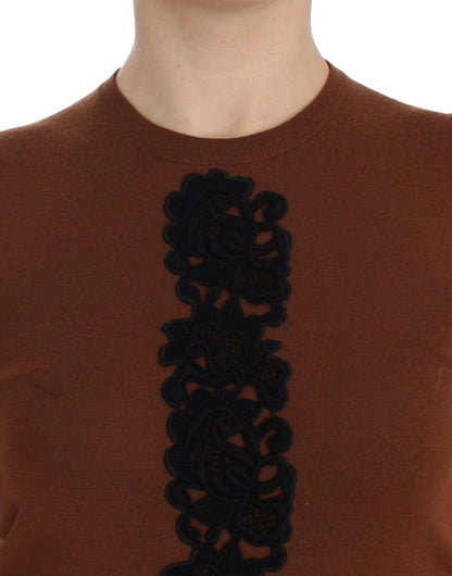 Haut pull en laine marron et dentelle noire