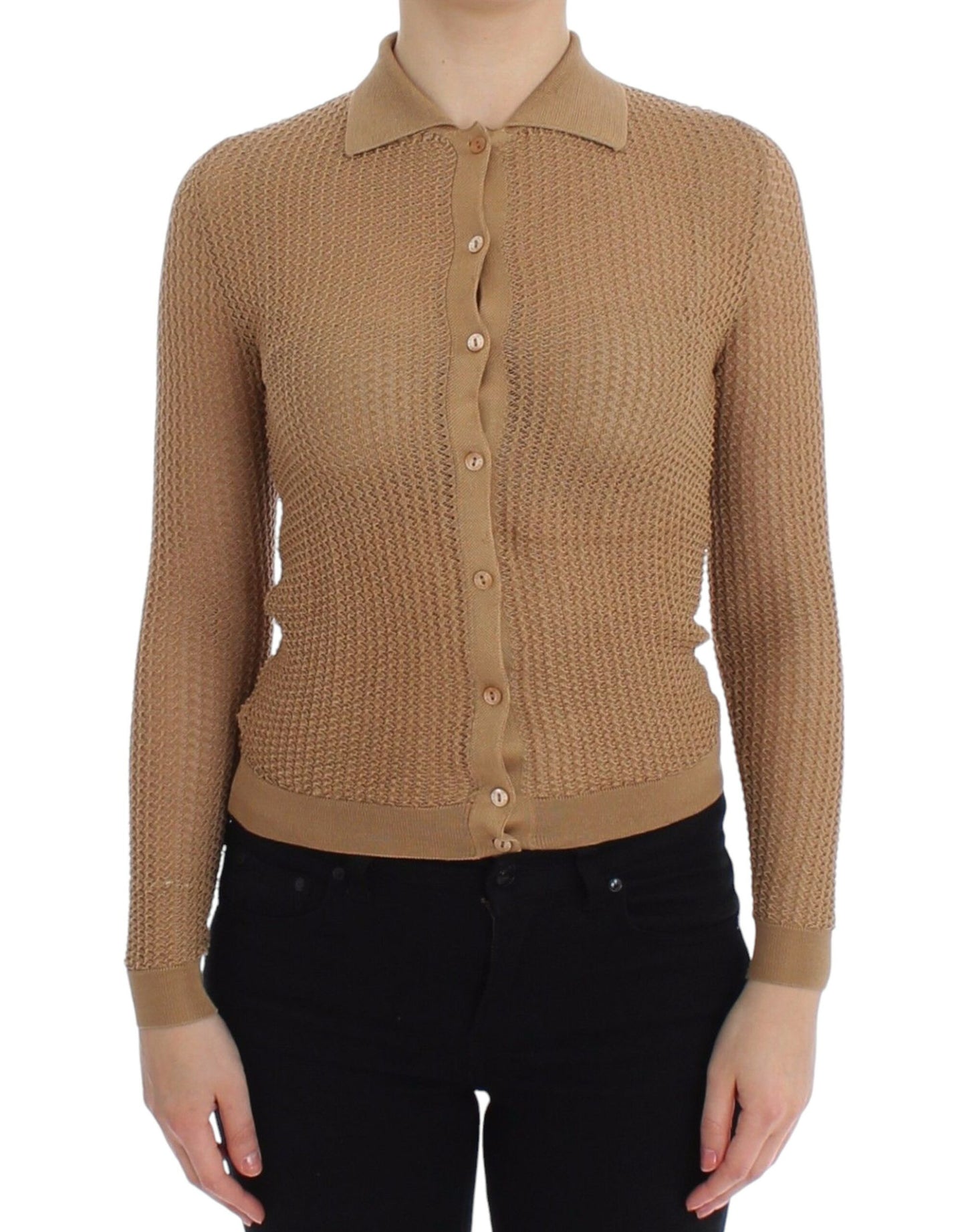 Pull cardigan polo en coton tricoté beige