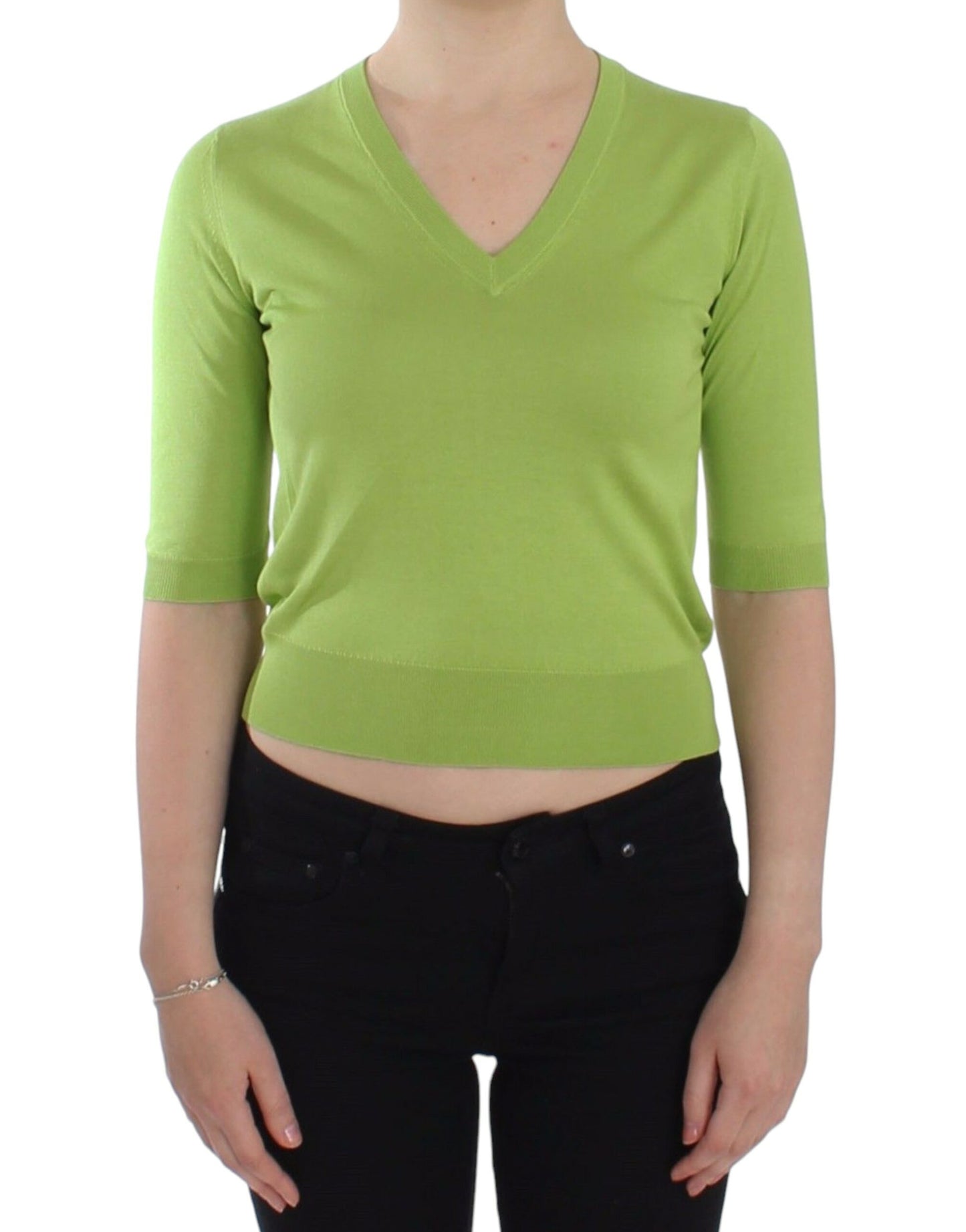 Top maglione pullover con scollo a V in lana verde