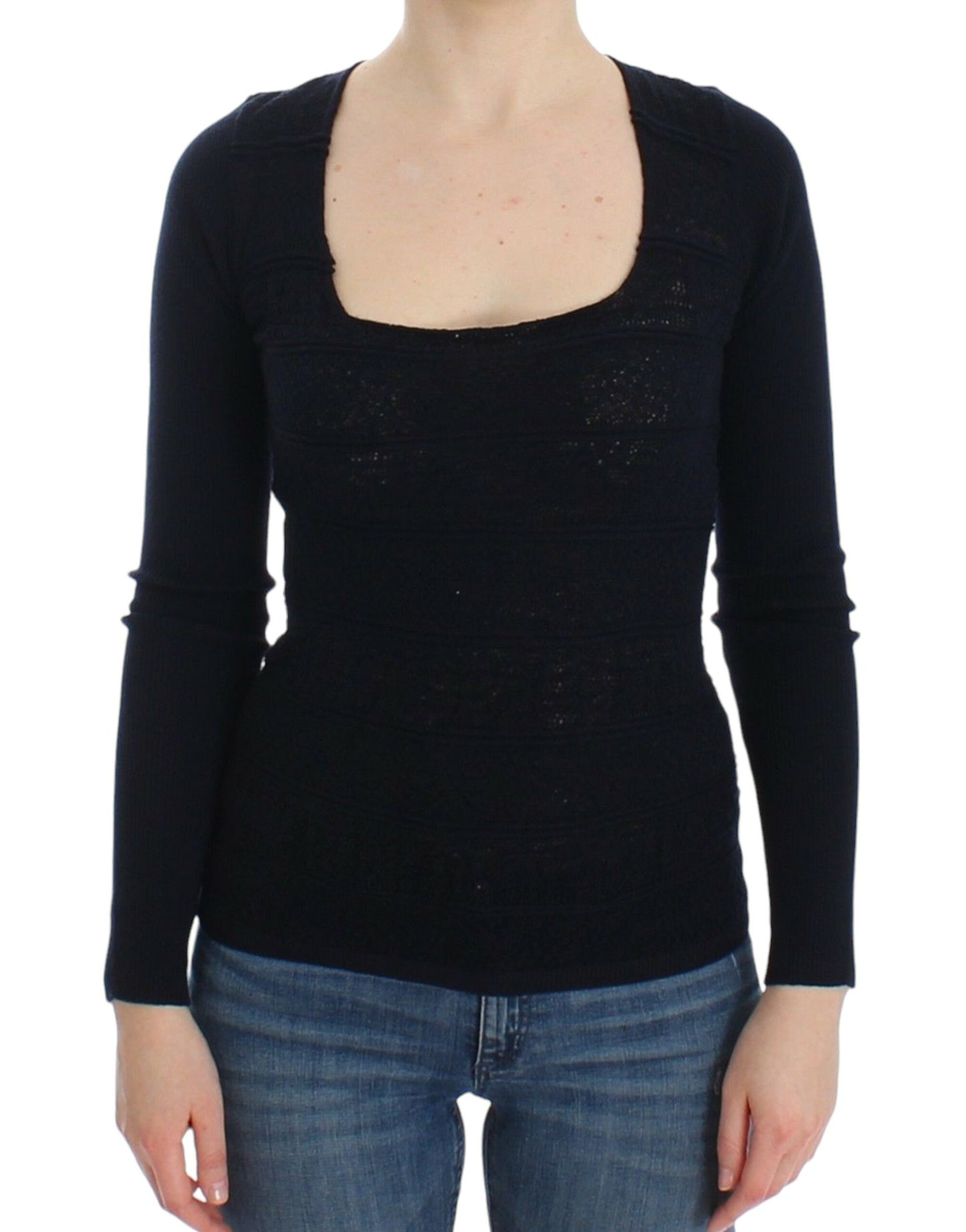 Top in maglione elasticizzato di lana lavorato a maglia blu