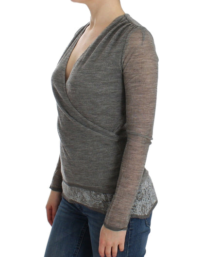 Grauer Stretch-Langarmpullover aus Wollmischung