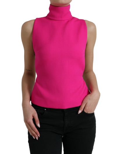 Elegant Pink Turtleneck Sleeveless Wool Top