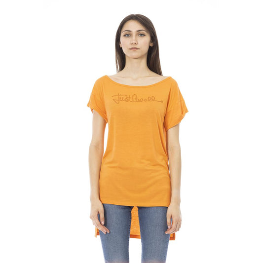 Schickes orangefarbenes T-Shirt mit Logo und Strasssteinen