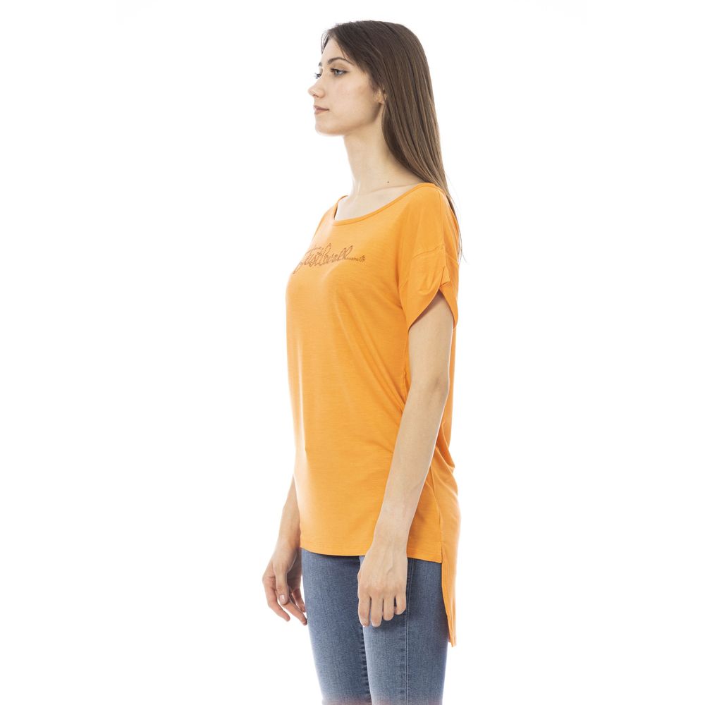 Schickes orangefarbenes T-Shirt mit Logo und Strasssteinen