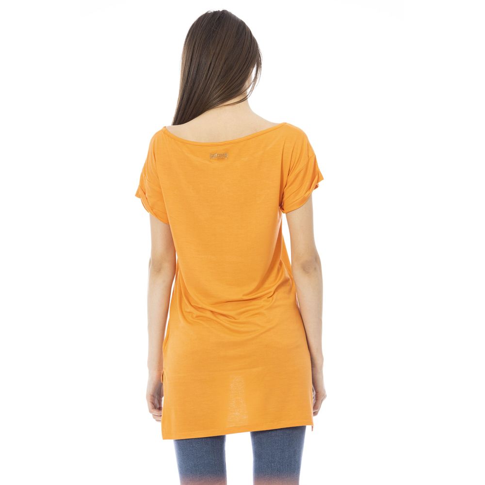 Schickes orangefarbenes T-Shirt mit Logo und Strasssteinen