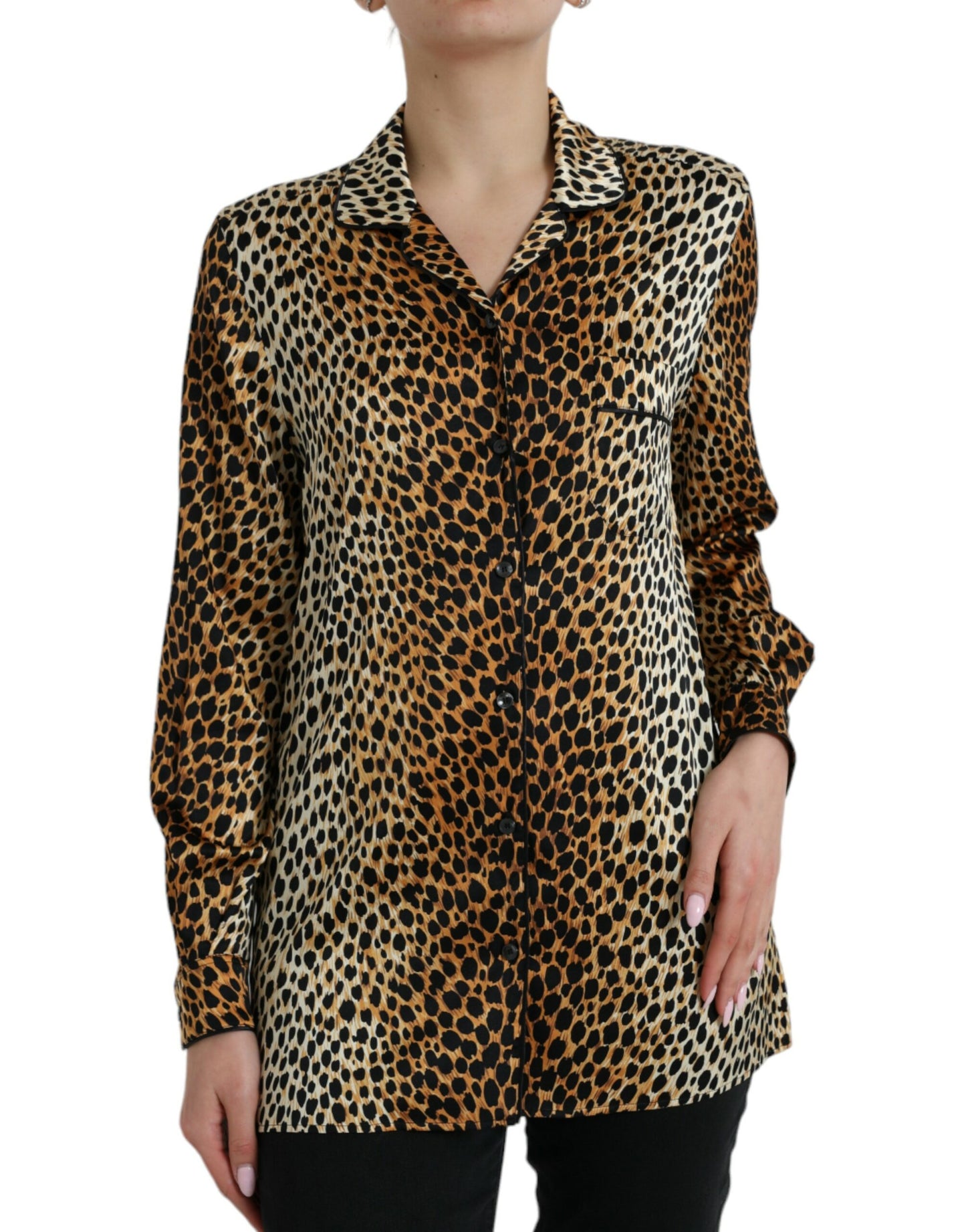 Elegante braune Seidenbluse mit Animalprint