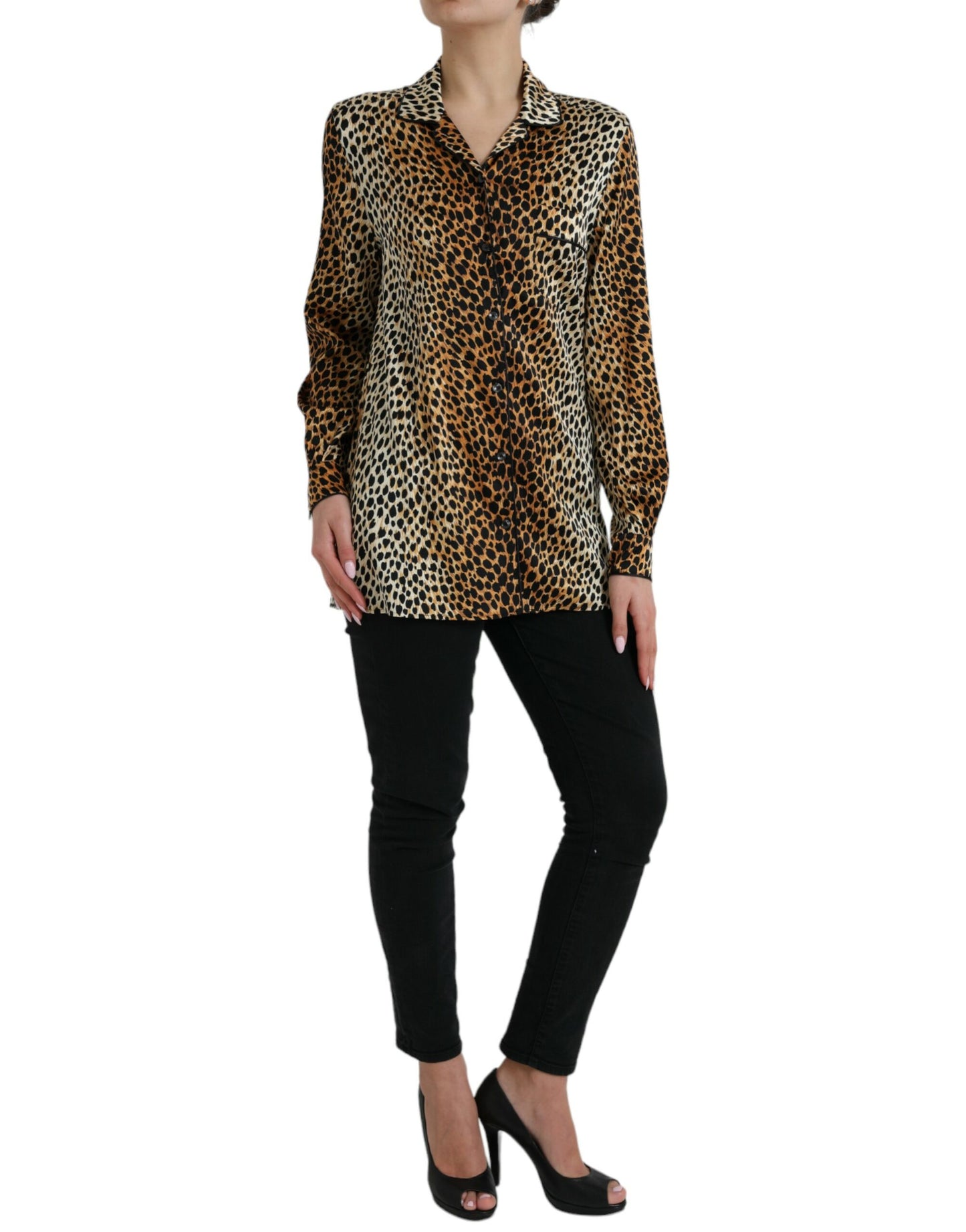 Elegant Brown Animal Print Silk Blouse