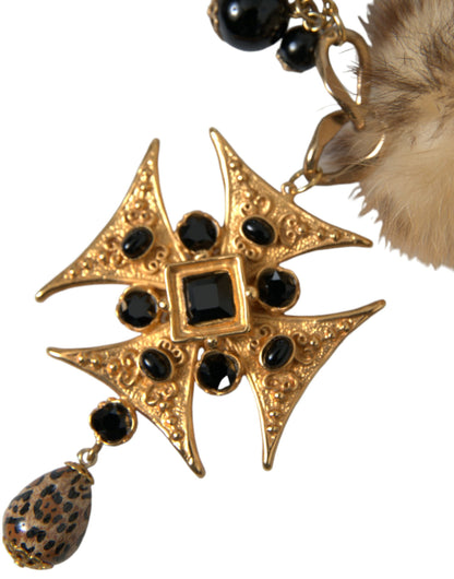 Dolce & Gabbana Gold Black Crystals Lapin Fur Filigree Chocker Necklace