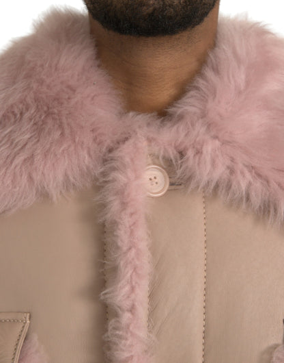 Dolce & Gabbana Beige Pink Lamb Leather Shearling Coat Jacket