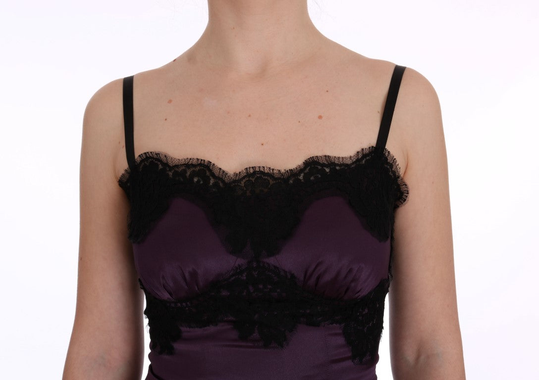 Abito in pizzo nero elasticizzato in seta viola