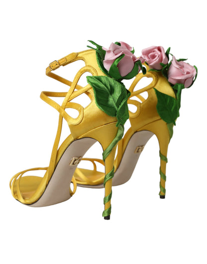 Yellow Flower Satin Heels Sandals Shoes