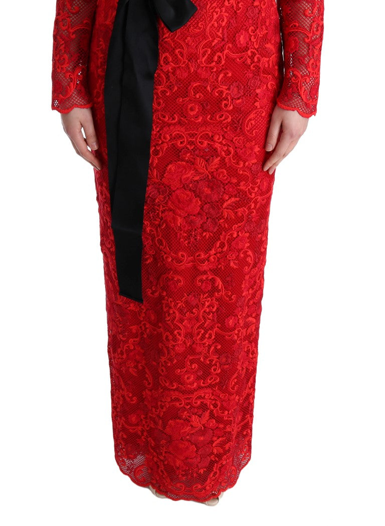 Robe fourreau longue rouge à fleurs Ricamo