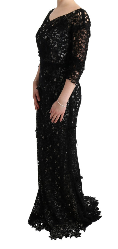 Robe longue noire à fleurs en soie et coton