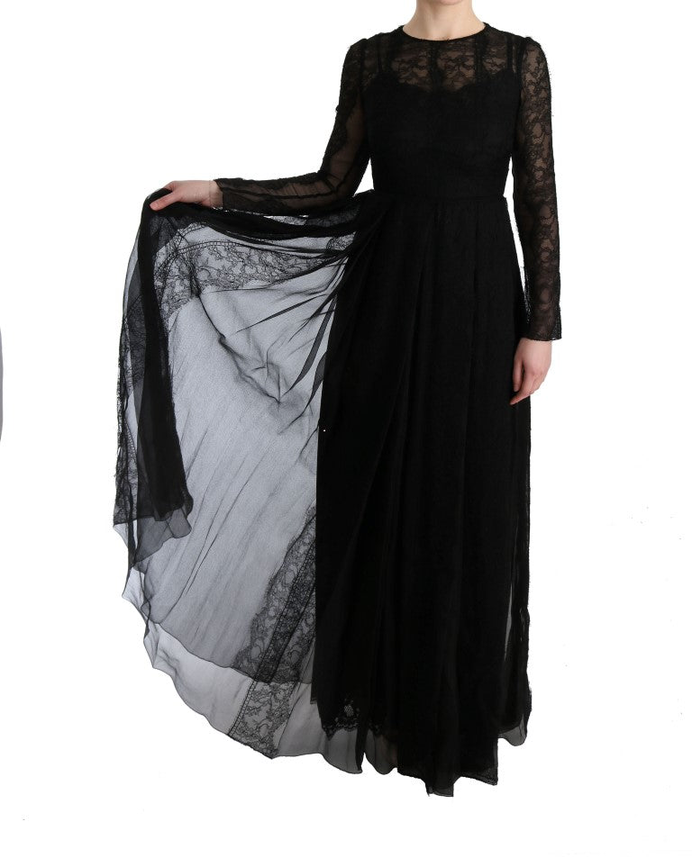 Robe fourreau en soie et dentelle florale noire