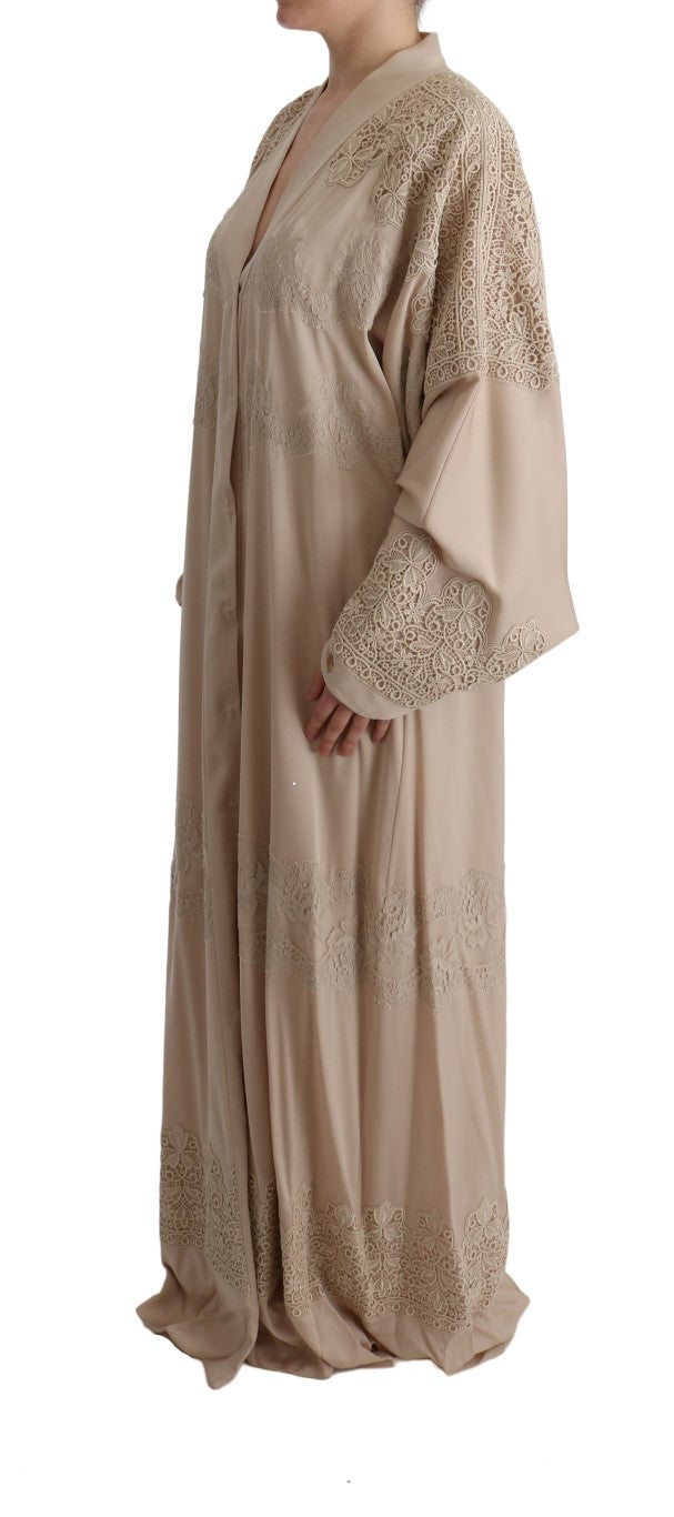 Robe caftan beige en dentelle avec appliques florales