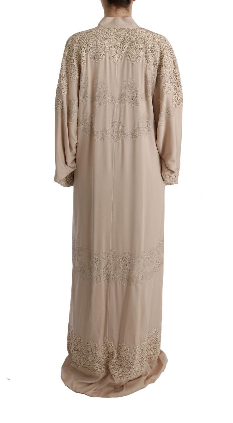 Robe caftan beige en dentelle avec appliques florales