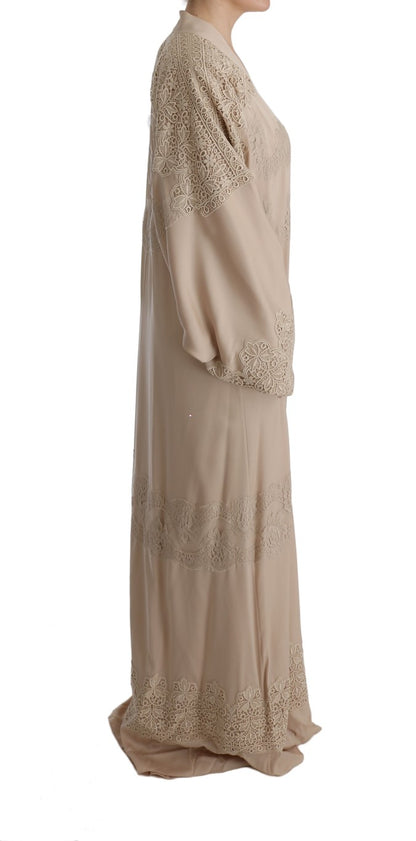 Robe caftan beige en dentelle avec appliques florales