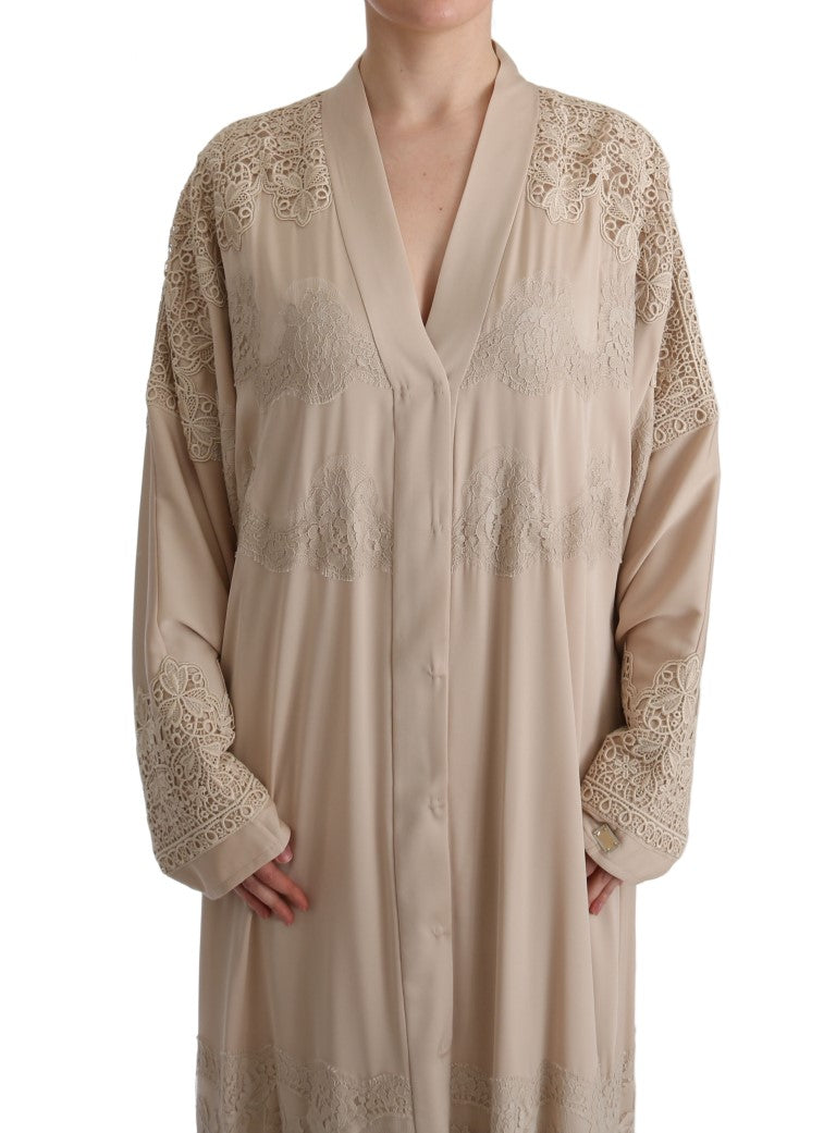 Robe caftan beige en dentelle avec appliques florales