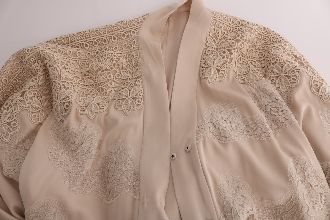 Robe caftan beige en dentelle avec appliques florales