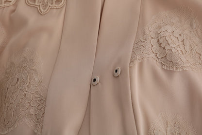 Robe caftan beige en dentelle avec appliques florales