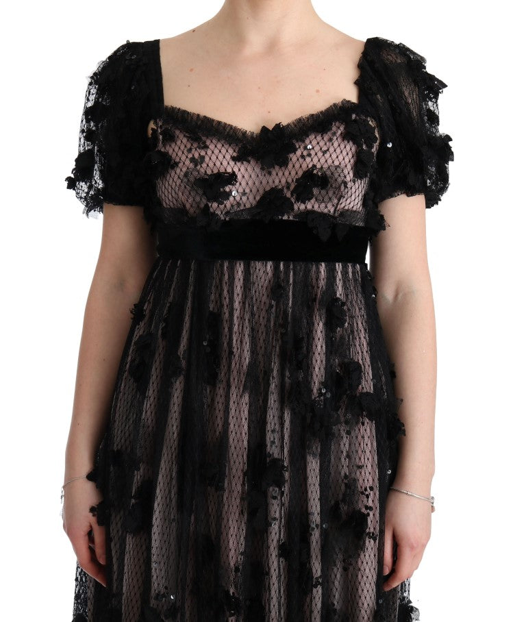 Robe droite en soie rose noire avec appliques