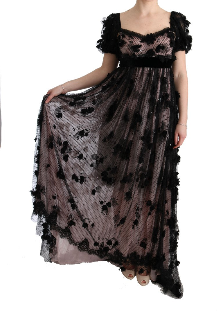 Robe droite en soie rose noire avec appliques