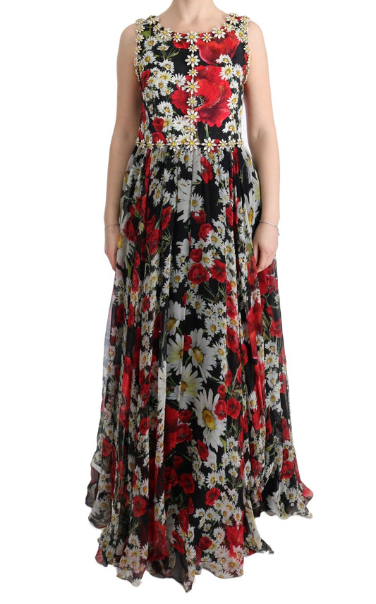 Robe longue multicolore en soie florale et cristaux