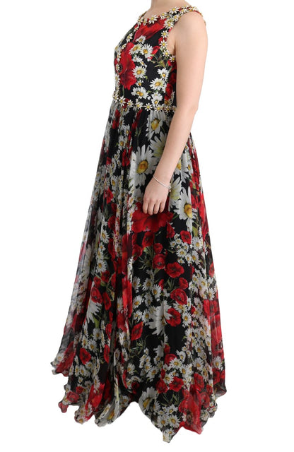 Robe longue multicolore en soie florale et cristaux