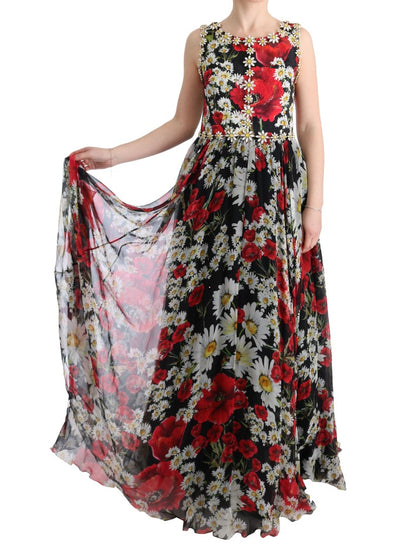 Robe longue multicolore en soie florale et cristaux