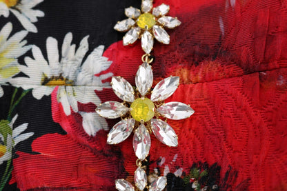 Langes Maxikleid aus mehrfarbiger Seide mit Blumenmuster und Kristallen