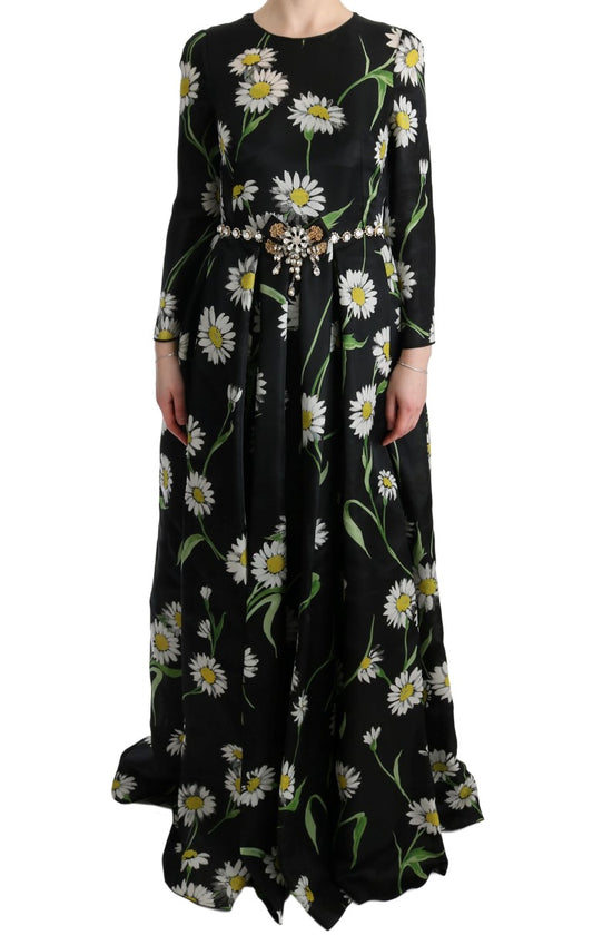 Mehrfarbiges, langes Maxikleid aus Seide mit Sonnenblumen-Print