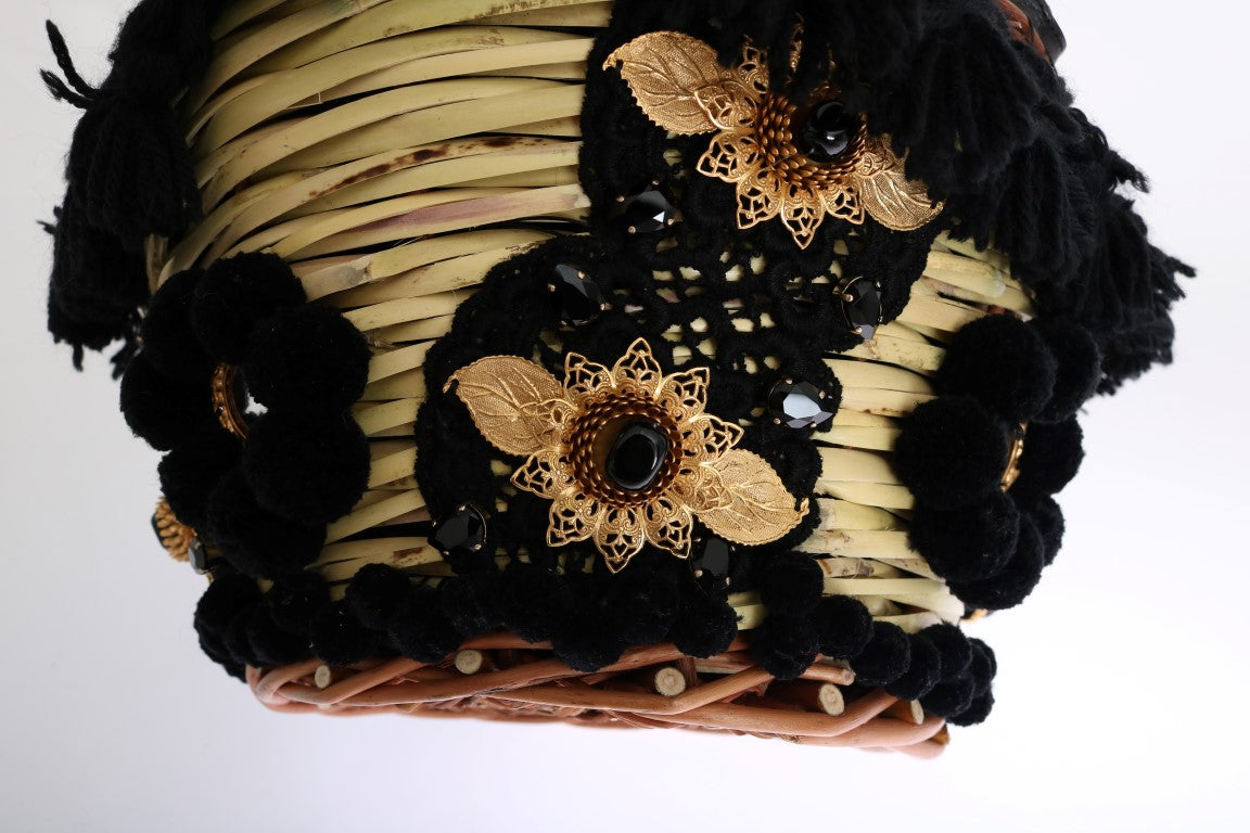 Sac AGNESE en paille beige et peau de serpent avec pompons et cristal