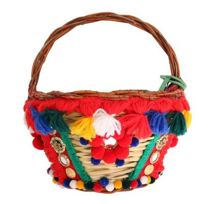 Borsa con pon pon in cristallo di paglia AGNESE multicolore