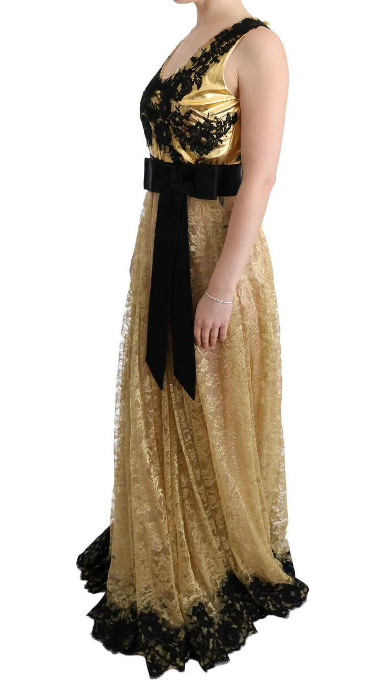 Goldschwarzes Spitzenkleid mit Blumenmuster