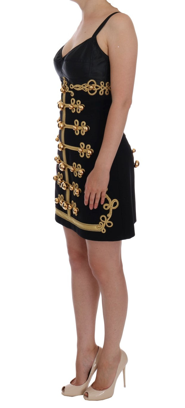 Schwarzes A-Linien-Kleid aus Wollstretch in Gold