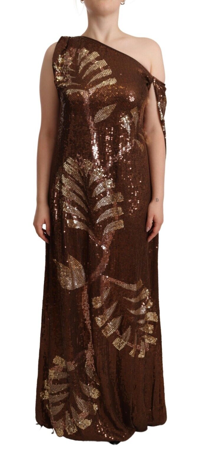 Dsquared² Brown Leaf Sequined Shift One Shoulder Long Dress