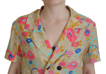 Multicolor Printed Collared Button Front Long Blouse Top