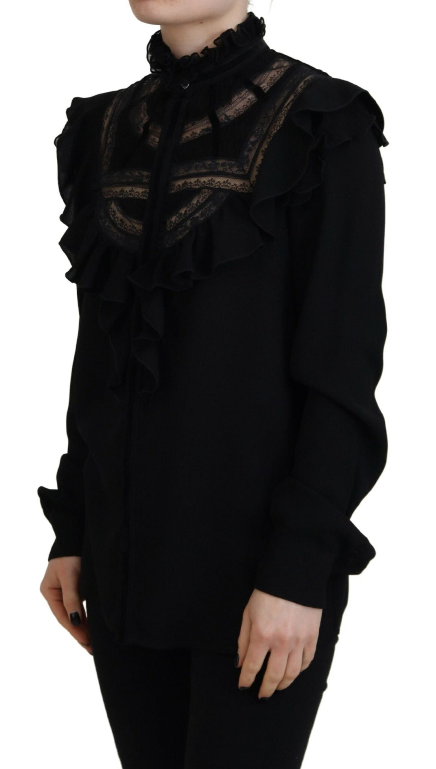 Black Lace Trim Turtle Neck Long Sleeves Top