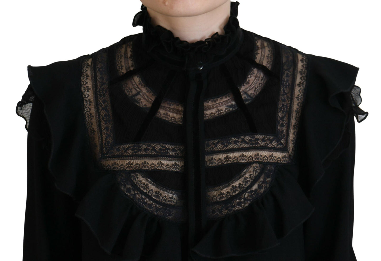 Black Lace Trim Turtle Neck Long Sleeves Top