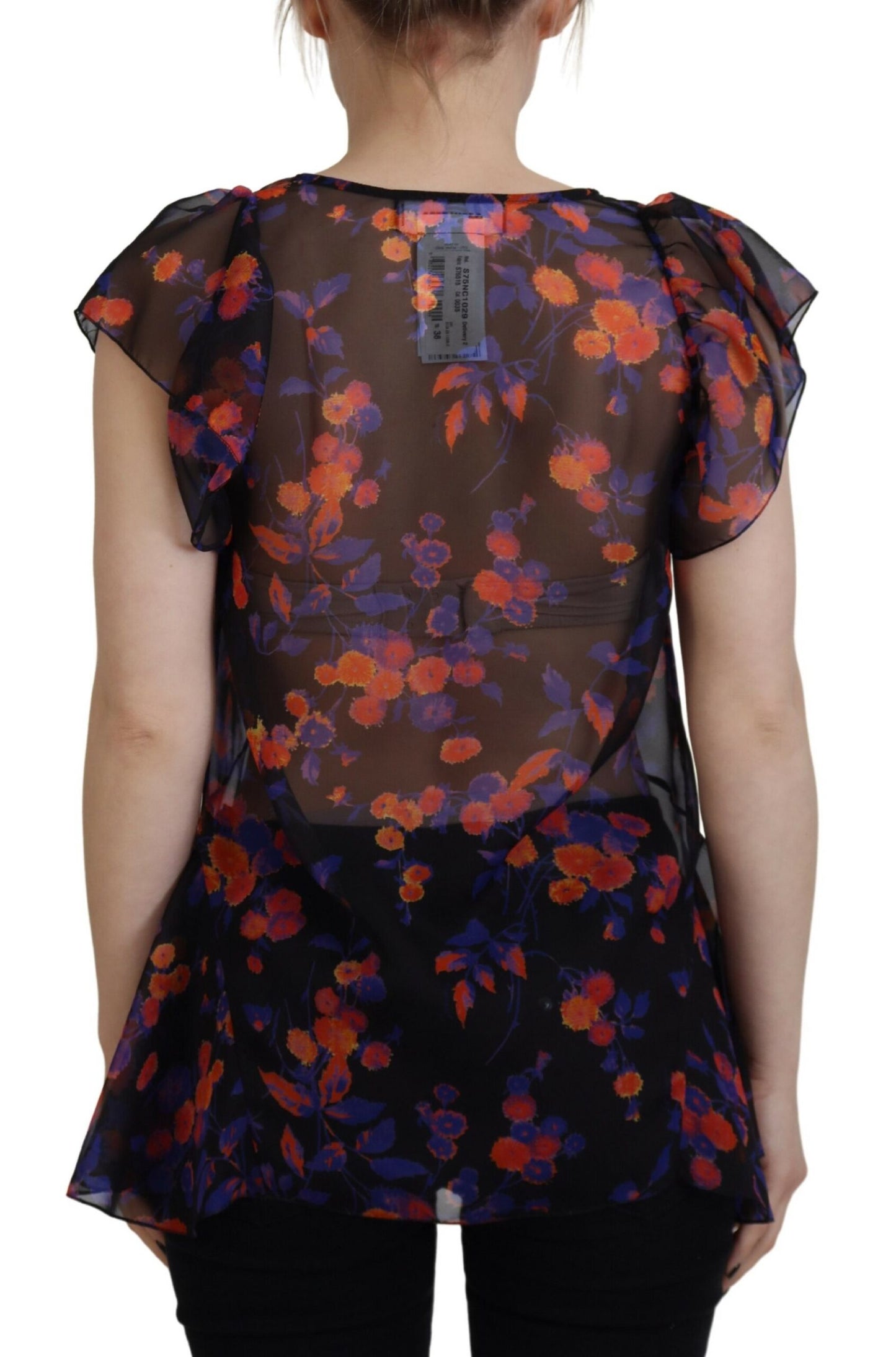 Black Floral Print Short Sleeves V-neck Blouse Top