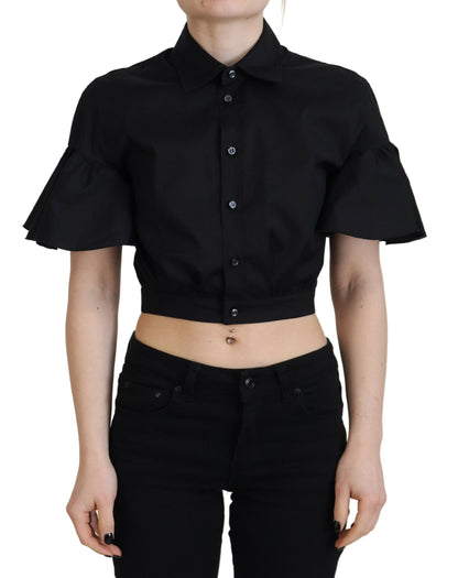 Black Collared Button Down Short Sleeve Cropped Top