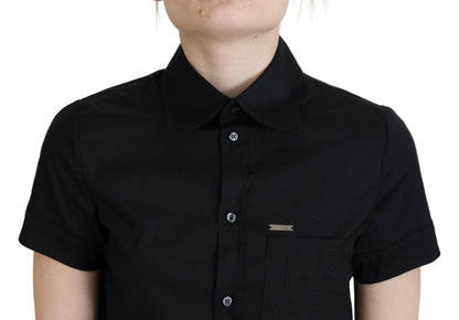 Black Collared Button Down Short Sleeves Polo Top